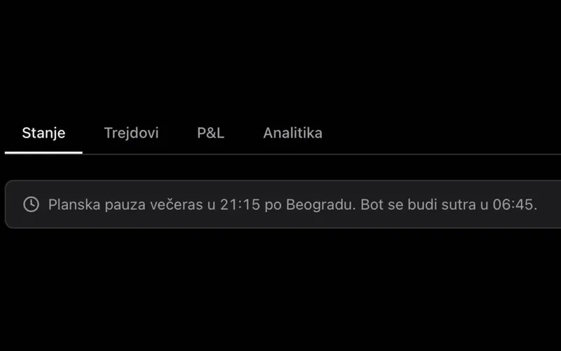Hermes u žurnalu: kartice Stanje, Trejdovi, P&L i Analitika i poruka o planskoj noćnoj pauzi.