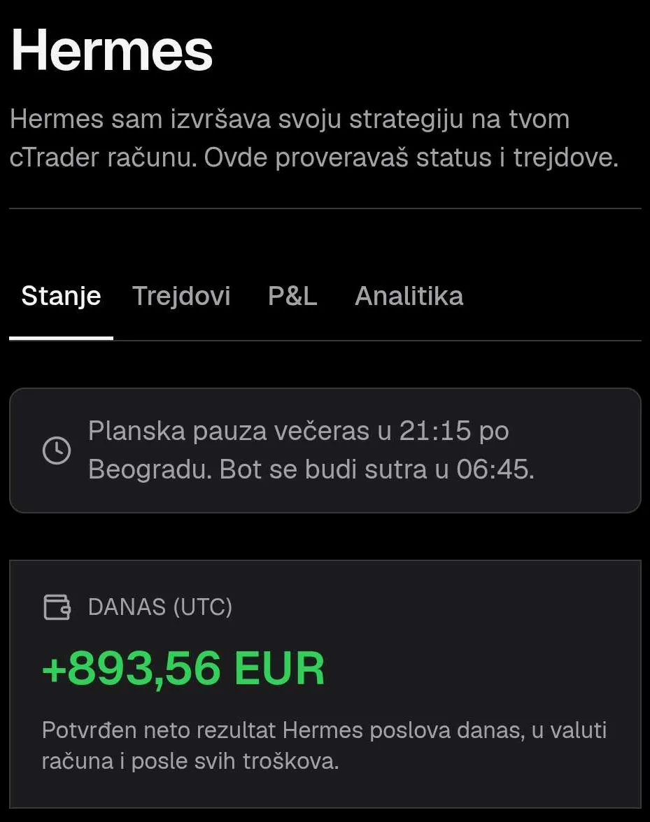 Rezultat člana zajednice 22.10.2026.: Do trenutka snimka tog dana: +893,56 EUR posle svih troškova.