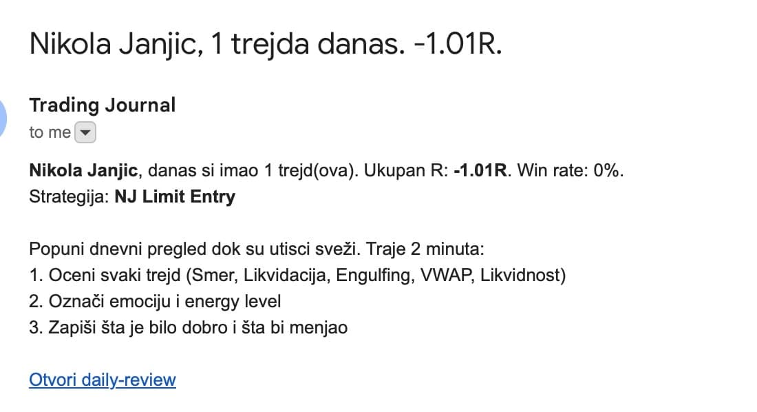 EOD email podsetnik: broj trejdova, ukupan R i win rate dana sa pozivom na dnevni pregled