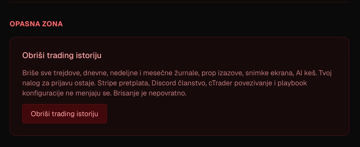Opasna zona: dugme za brisanje trading istorije jednog naloga uz upozorenje