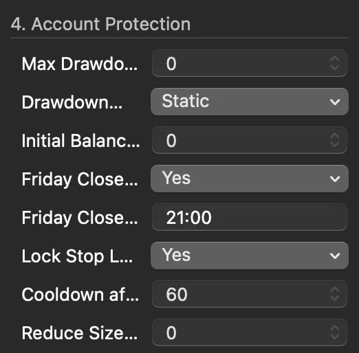 TradeGuard Settings panel: 4. Account Protection grupa sa Max Drawdown, Drawdown Mode Static, Friday Close Yes 21:00, Lock Stop Loss Yes, Cooldown 60