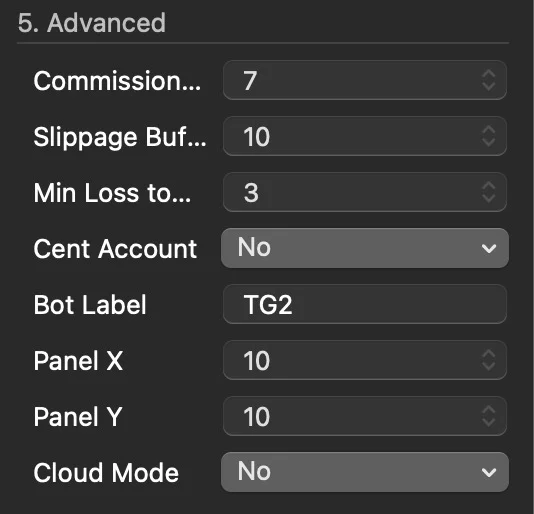 TradeGuard Settings panel: 5. Advanced grupa sa Commission 7, Slippage Buffer 10, Min Loss to 3, Bot Label TG2, Panel X/Y, Cloud Mode No