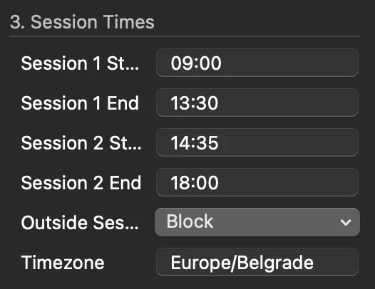 TradeGuard Settings panel: 3. Session Times grupa sa London 09:00-13:30, NY 14:35-18:00, Outside Block, Timezone Europe/Belgrade