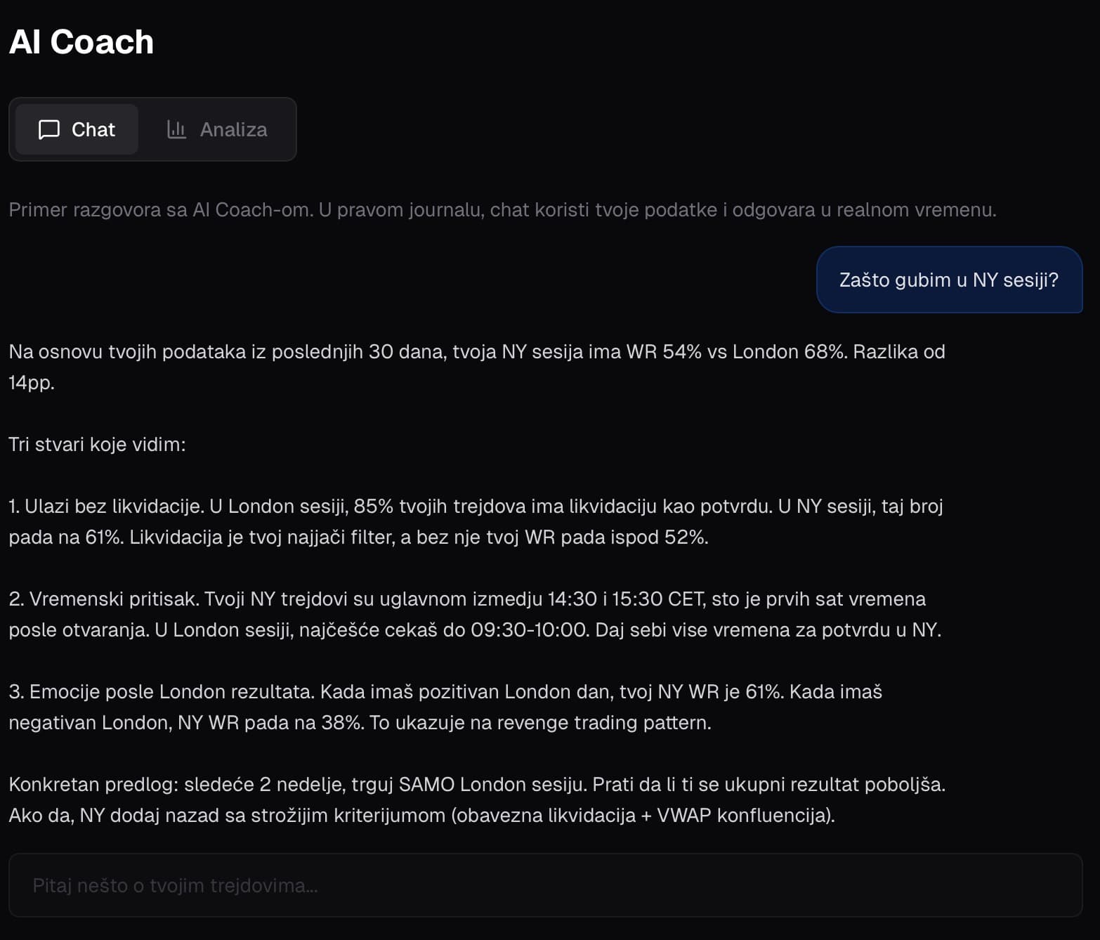 Snimak ekrana AI Coach chata - pitanje o NY sesiji i odgovor iz podataka korisnika