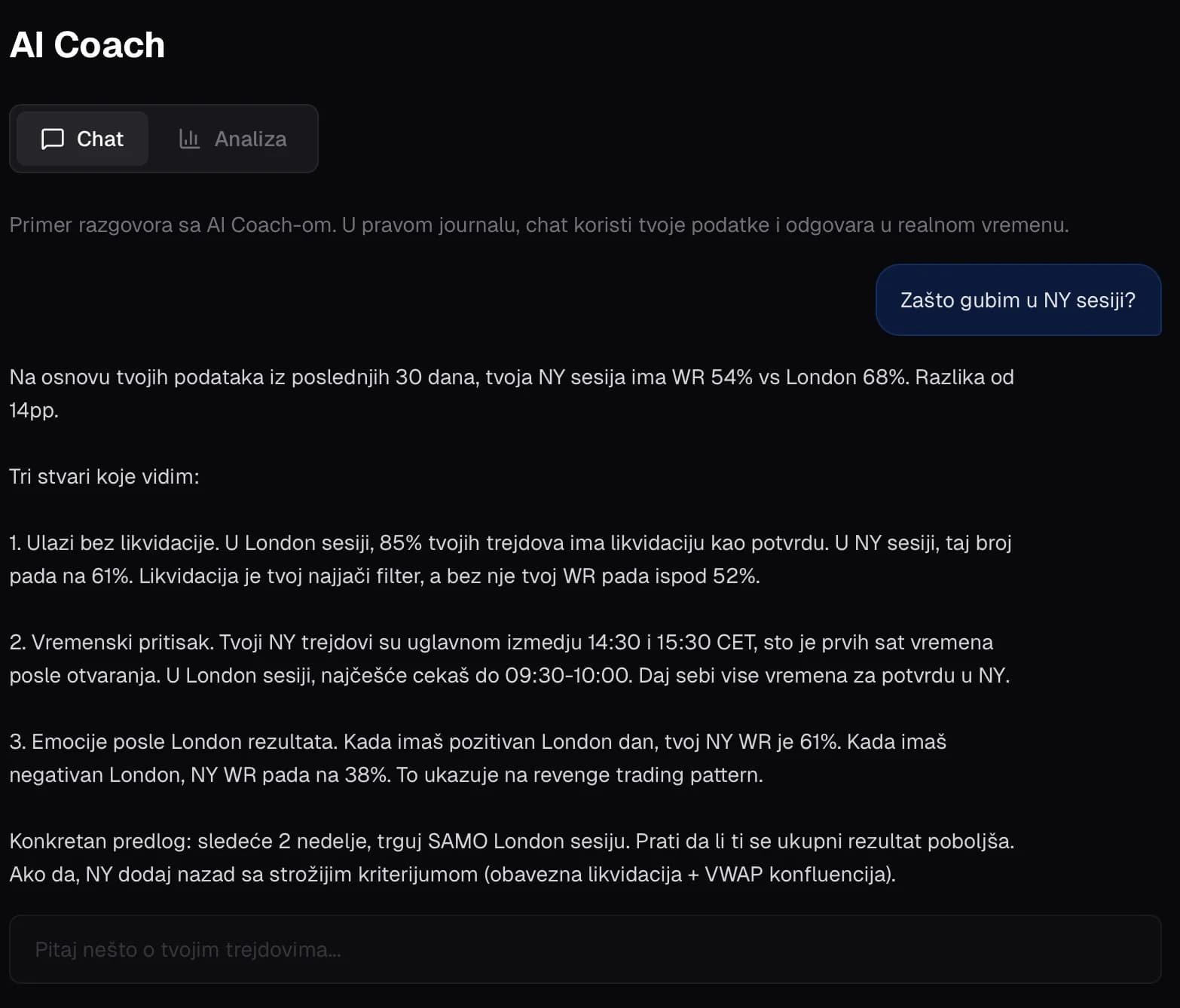 AI Coach - streaming chat i automatska analiza trejding obrazaca
